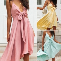 Sexy Backless Knotted V-neck Solid Color Sling Dress
