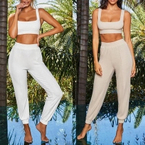 Sexy Backless Sleeveless Crop Top + High Waist Pants Two-piece Set