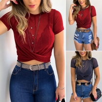 Sexy Short Sleeve Round Neck Crossover Hem Crop Top