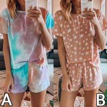 Fashion Short Sleeve Round Neck Top + Shorts Printed Nightwear Set