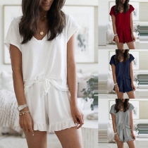 Fashion Short Sleeve V-neck Top + Ruffle Hem Shorts Nightwear Set