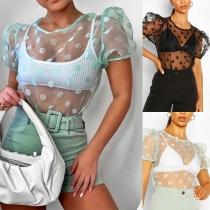 Sexy Dots Gauze Spliced Puff Sleeve Round Neck Top