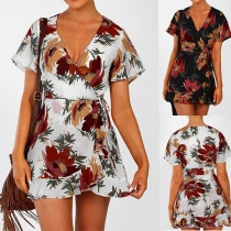 Sexy V-neck Short Sleeve Irregular Ruffle Hem Printed Dress