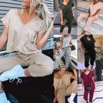 Fashion Solid Color Short Sleeve V-neck T-shirt + Pants Two-piece Set