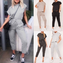 Fashion Solid Color Short Sleeve T-shirt + Pants Two-piece Set