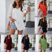 Fashion Solid Color Half Sleeve V-neck Loose Dress