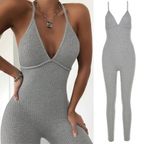 Sexig rygglös V-ringad jumpsuit med hög midja i kontrastfärger