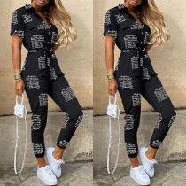 Fashion Letters Printed Short Sleeve POLO Collar High Waist Jumpsuit