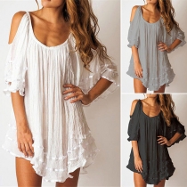 Sexy Off-shoulder Half Sleeve Irregular Hem Solid Color Top