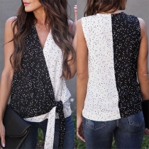 Fashion Contrast Color Printed Sleeveless V-neck Lace-up Hem Top