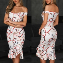 Sexy Off-shoulder Boat Neck Fishtil Hem Printed Dress