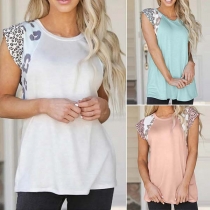 Fashion Leopard Spliced Cap Sleeve Round Neck T-shirt