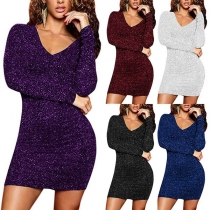Sexy Backless V-neck Long Sleeve Slim Fit Dress
