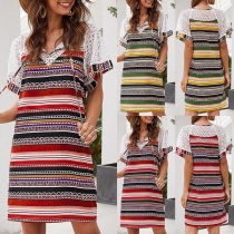 Fashion Lace Spliced Short Sleeve V-neck Striped Dress