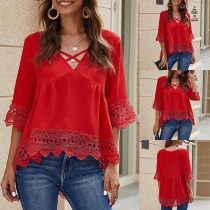 Fashion Lace Spliced Half Sleeve V-neck High-low Hem Top