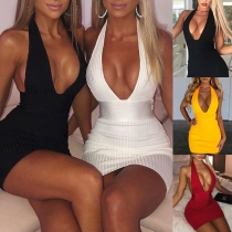 Sexy Backless Deep V-neck Solid Color Slim Fit Halter Dress