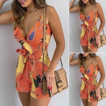 Sexy Backless V-neck High Waist Printed Sling Romper