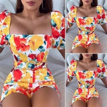 Fashion Short Sleeve Square Collar High Waist Slim Fit Printed Romper