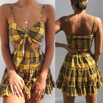 Sexy Backless Knotted Plaid Sling Top + Skirt Two-piece Set