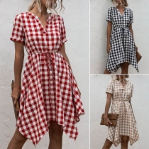 Fashion Short Sleeve V-neck Irregular Hem Plaid Dress