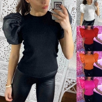 Fashion Solid Color Puff Sleeve Round Neck T-shirt