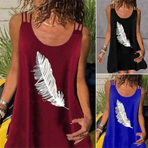 Fashion Feather Printed Sleeveless Round Neck Dress
