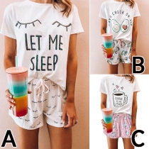 Cute Cartoon Printed Short Sleeve Top + Shorts Nightwear Set