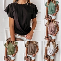 Fashion Lotus Sleeve Round Neck Solid Color T-shirt