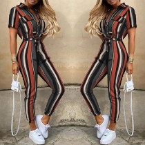 Fashion Short Sleeve POLO Collar High Waist Striped Jumpsuit(The size falls small)