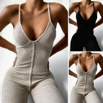 Sexy Backless V-neck Solid Color Slim Fit Sling Jumpsuit