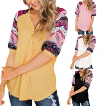 Fashion Printed Spliced Half Sleeve V-neck Top