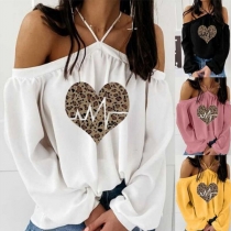 Sexy Off-shoulder Long Sleeve Heart Printed Top