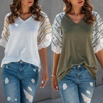 Fashion Printed Spliced Lotus Sleeve V-neck T-shirt