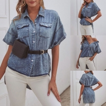 Fashion Short Sleeve POLO Collar High-low Hem Denim Shirt
