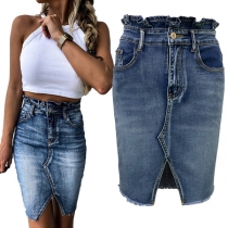Mode volang, hög midja och slitsad fåll - Slim Fit jeanskjol