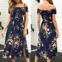 Sexy Short Sleeve Boat Neck Slit Hem Printed Dress