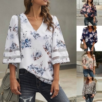 Fashion 3/4 Trumpet Sleeve V-neck Printed Top