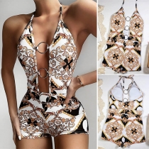Sexy Backless Deep V-neck Printed One-piece Swimsuit