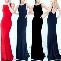 Sexy Backless Sleeveless Round Neck Solid Color Fishtail Dress
