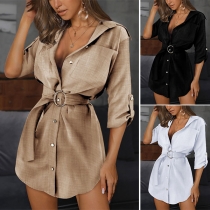 OL Style Long Sleeve POLO Collar Solid Color Long Shirt