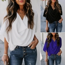 Fashion Solid Color Trumpet Sleeve Cowl Neck Top