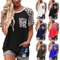 Fashion Leopard Spliced Short Sleeve Round Neck T-shirt