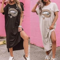 Chic Style Leopard Lip Printed Short Sleeve Slit Hem Dress
