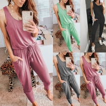 Fashion Solid Color Sleeveless Round Neck High Waist Jumpsuit