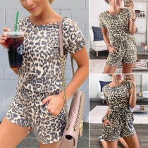 Fashion Leopard Printed Short Sleeve T-shirt + Shorts two-piece Set