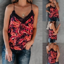 Sexy Backless V-neck Lace Spliced Printed Sling Top