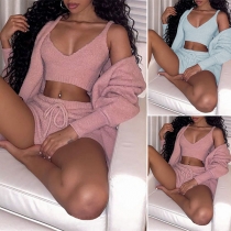 Sexy V-neck Crop Top + Shorts + Cardigan Three-piece Set
