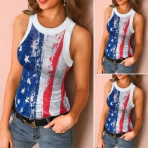 Fashion American Flag Sleeveless Round Neck Slim Fit Top