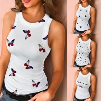 Fashion Sleeveless Round Neck Slim Fit Printed Top