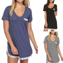Fashion Short Sleeve V-neck Lace Spliced Hem T-shirt Dress